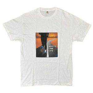 White Line Life T Shirt Mens Medium Running Theme Graphics White Orange Sun Road